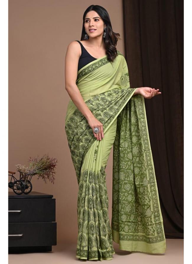 Cotton Mul Mul Green Casual Wear Printed Saree